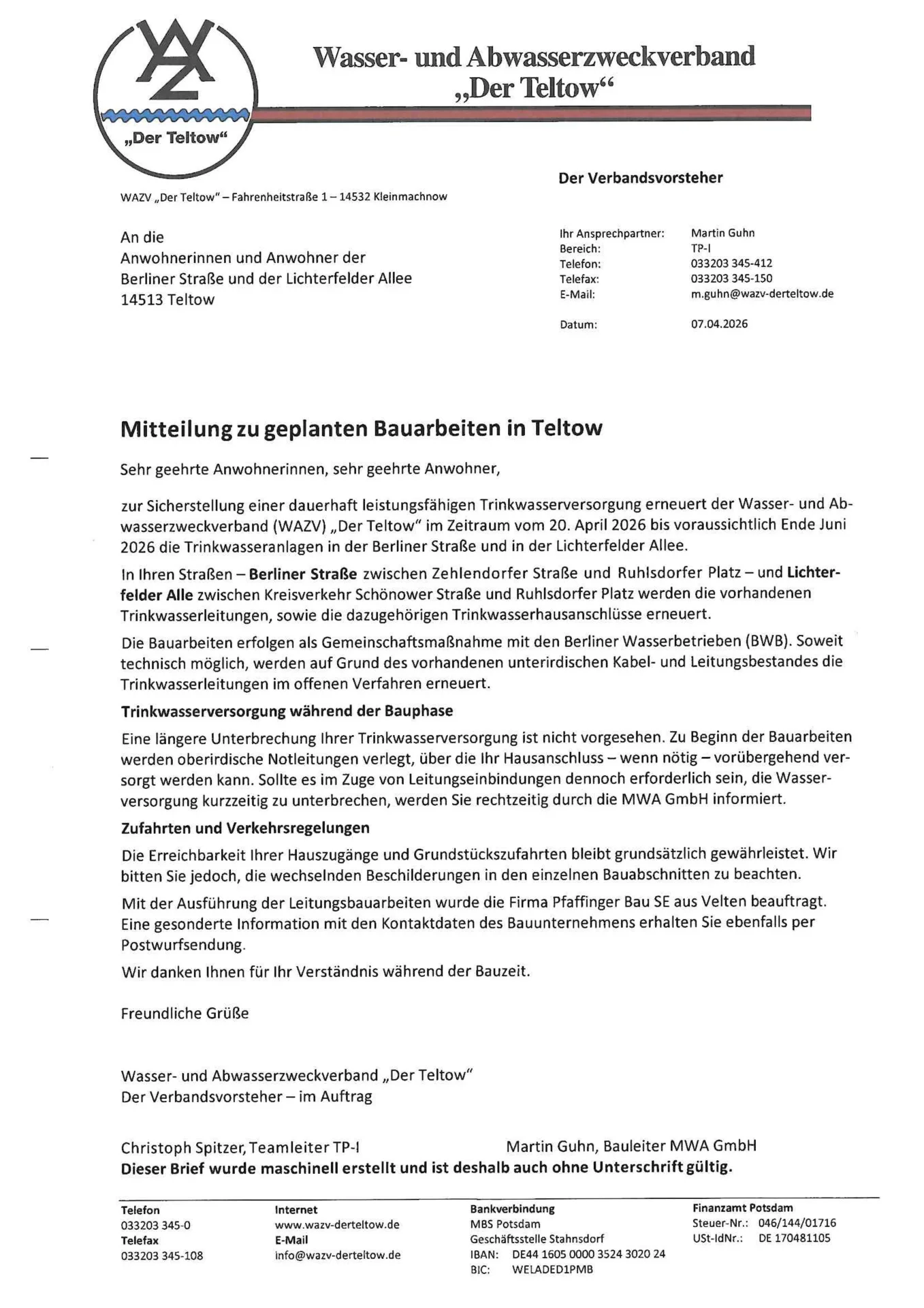 Mitteilung zu geplanten Bauarbeiten in Teltow vom WAZV