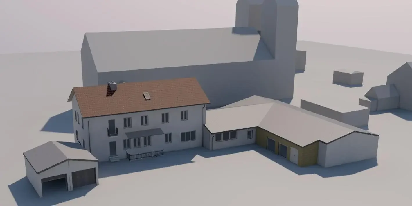 3D-Modell eines Gebäudekomplexes mit einem zweistöckigen Hauptgebäude, mehreren Anbauten und einer Garage