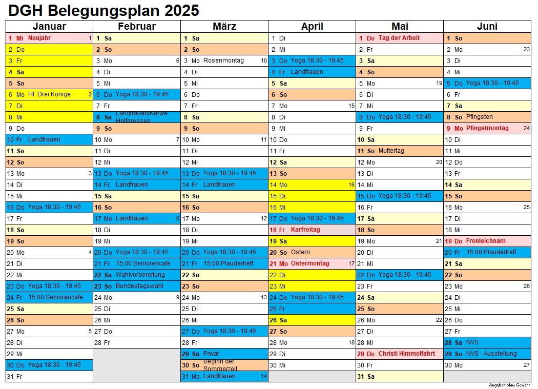 Belegungsplan DGH 1. Halbjahr 2025