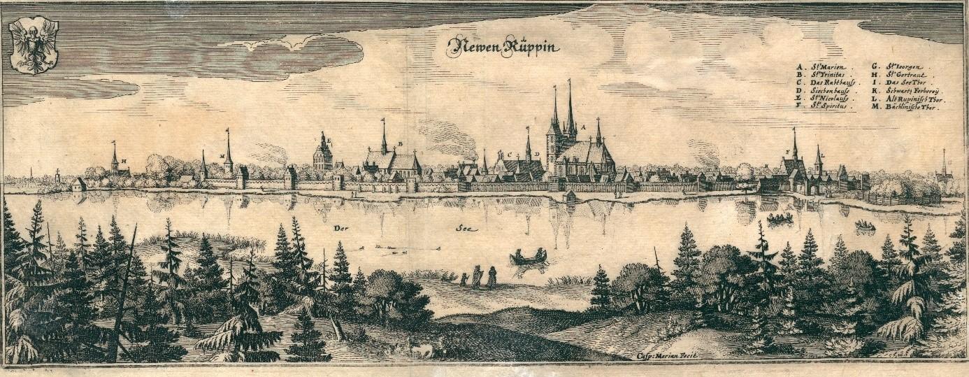 Der Blick auf Neuruppin vom anderen Ufer des Ruppiner Sees um 1652, Kupferstich und Druck von Caspar Merian (1627–1686) | (c) Museum Neuruppin
