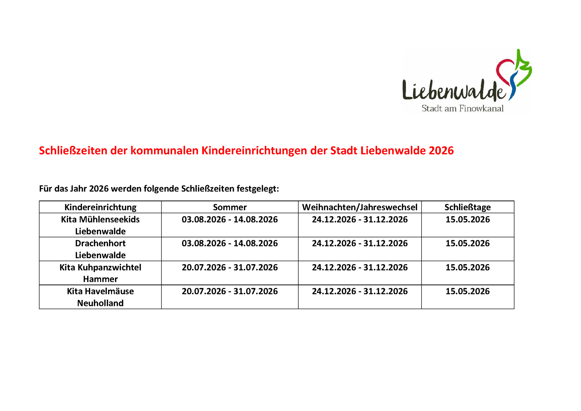Schließzeiten 2026