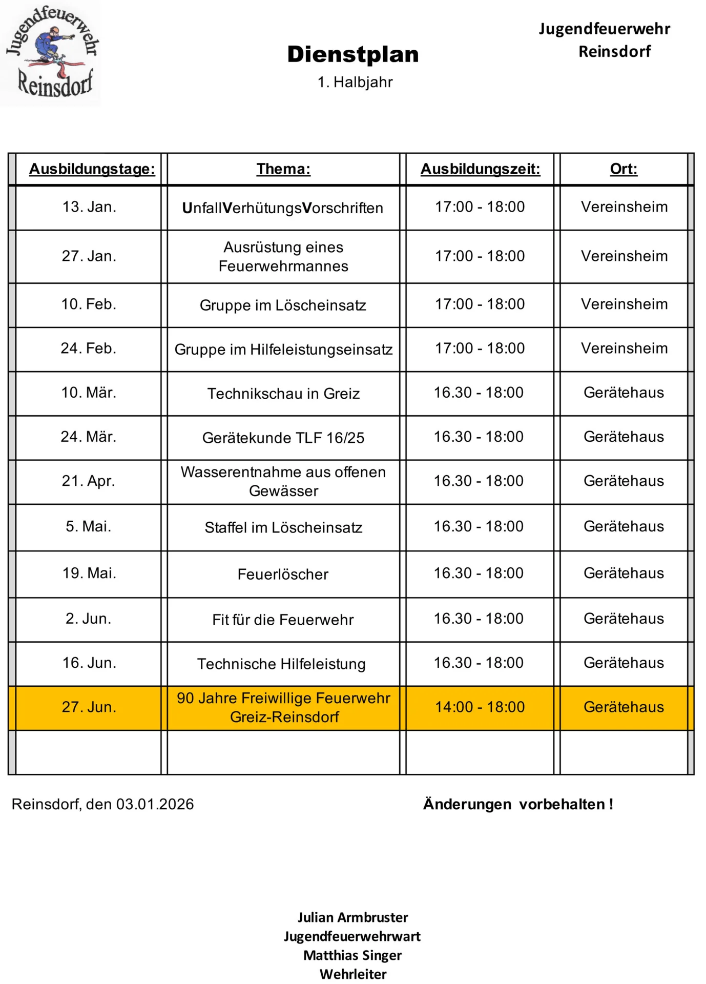 Dienstplan Jugendfeuerwehr 2026 1.Halbjahr