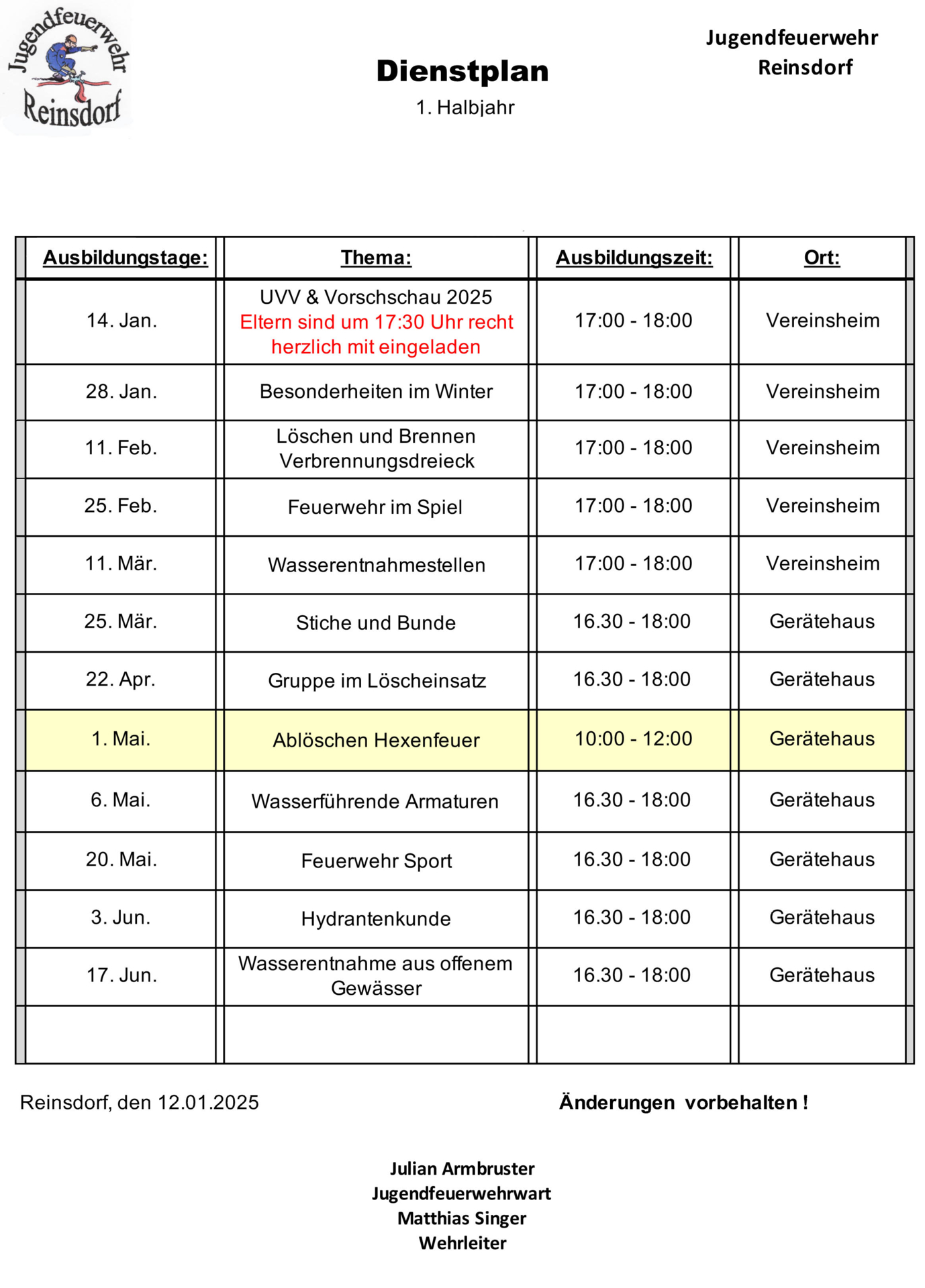 Dienstplan Jugendfeuerwehr 1. Halbjahr 2025