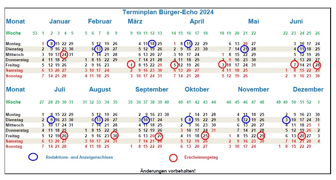 Terminplan Bürger-Echo 2023