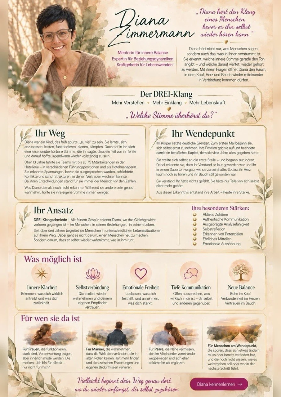 Diana Zimmermann – Mentorin für innere Balance, Expertin für Beziehungsdynamiken und Kraftgeberin für Lebenswenden