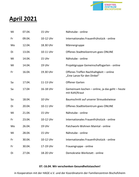 Termine April 2021 im Stadtteilzentrum Bischofsheim Termine April 2021 im Stadtteilzentrum Bischofsheim