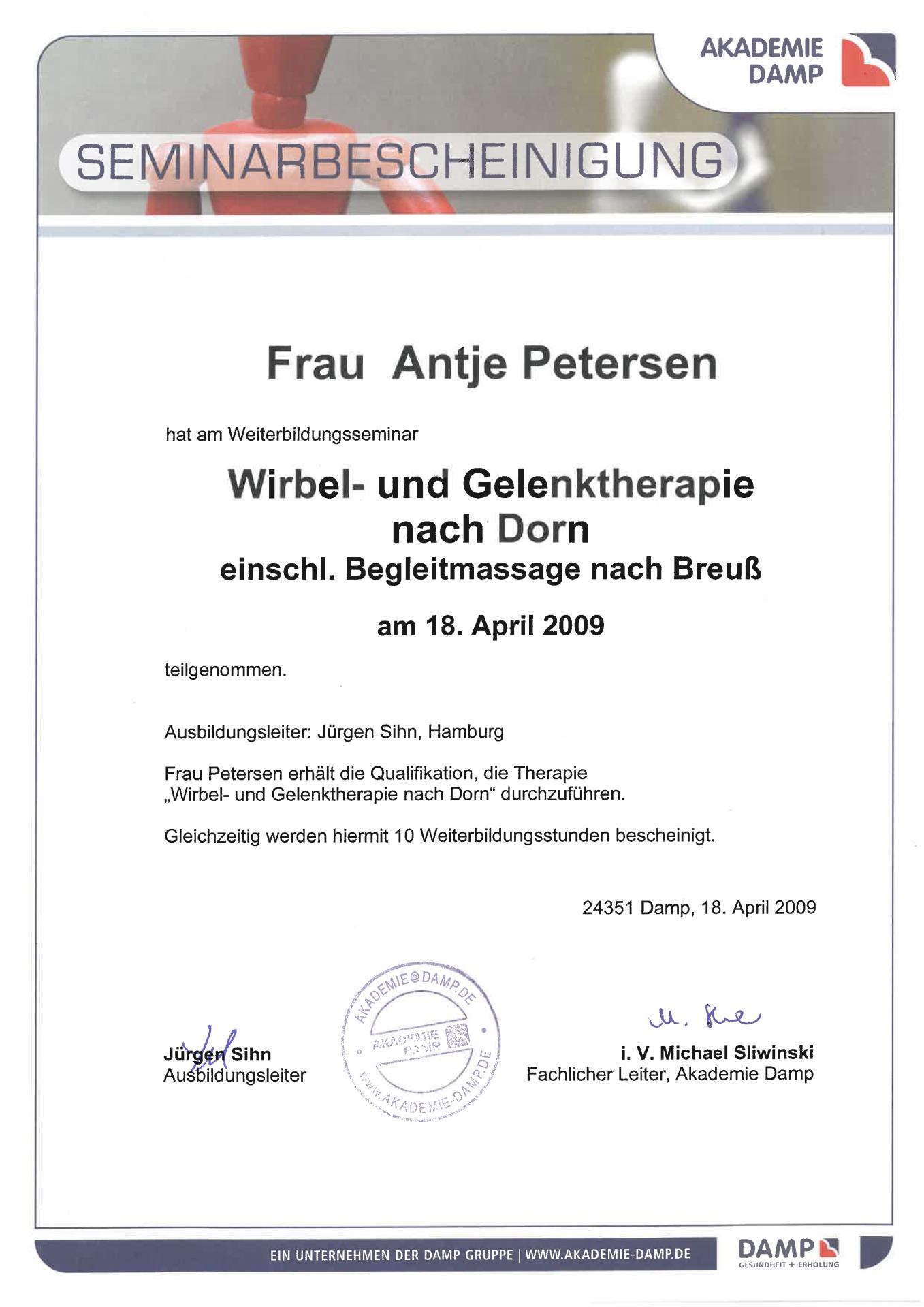2009-04-18 Bescheinigung Wirbel Gelenke nach Dorn Breuss
