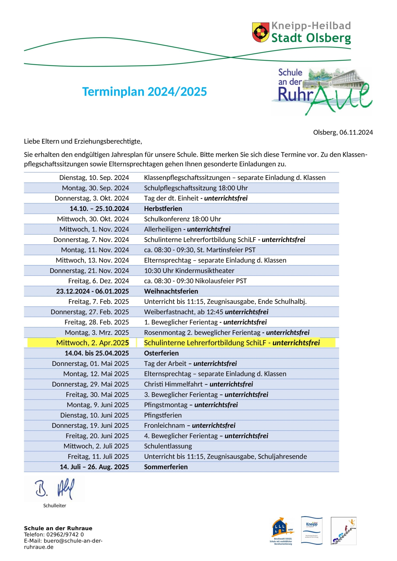 Terminplan 2024/25 - endgültig