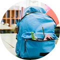 blue schoolchild backpack table
