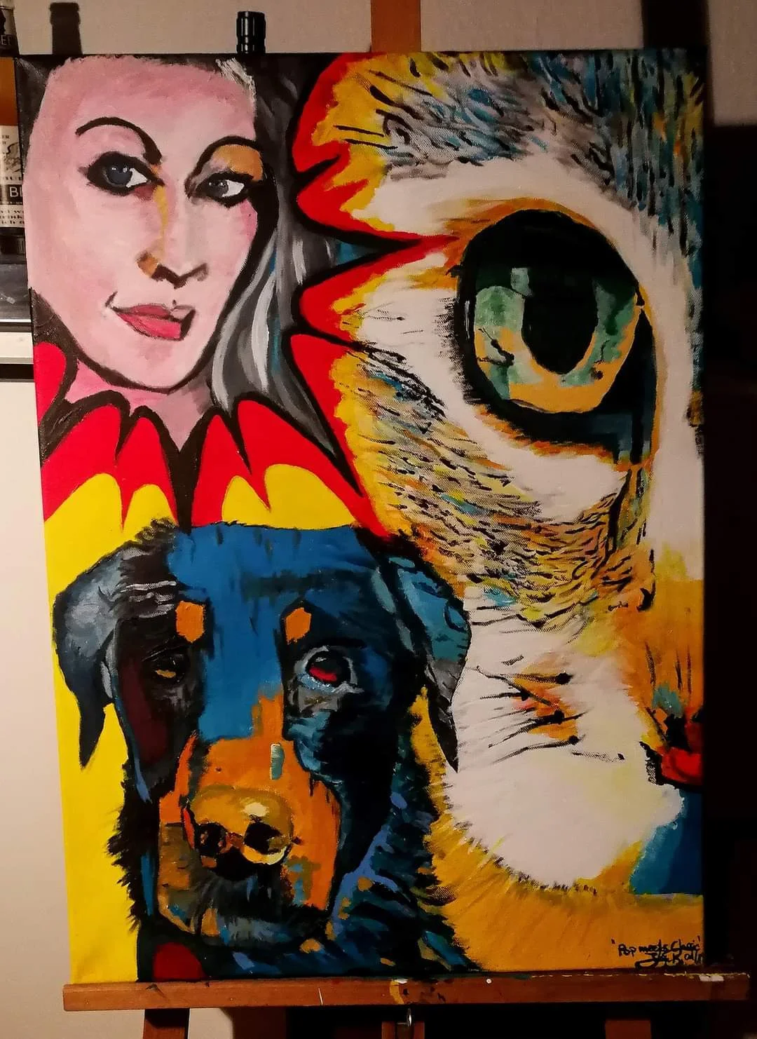 Haustiere und ihre Besitzerin gemalt
