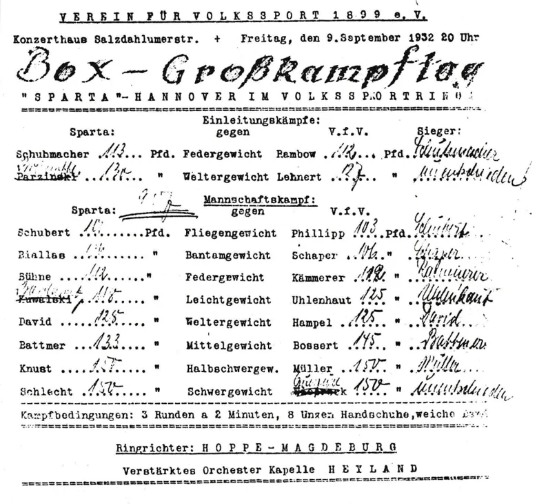 Abbildung 6: Programmzettel des Box-Großkampftages zwischen dem VfV und „Sparta“ Han-nover im Städtischen Konzerthaus am 9. September 1932. Neben zwei Einleitungskämpfen waren acht Mannschaftskämpfe und die Begleitung durch die verstärkte Orchester-Kapelle Heyland angekündigt [1, S. 273].