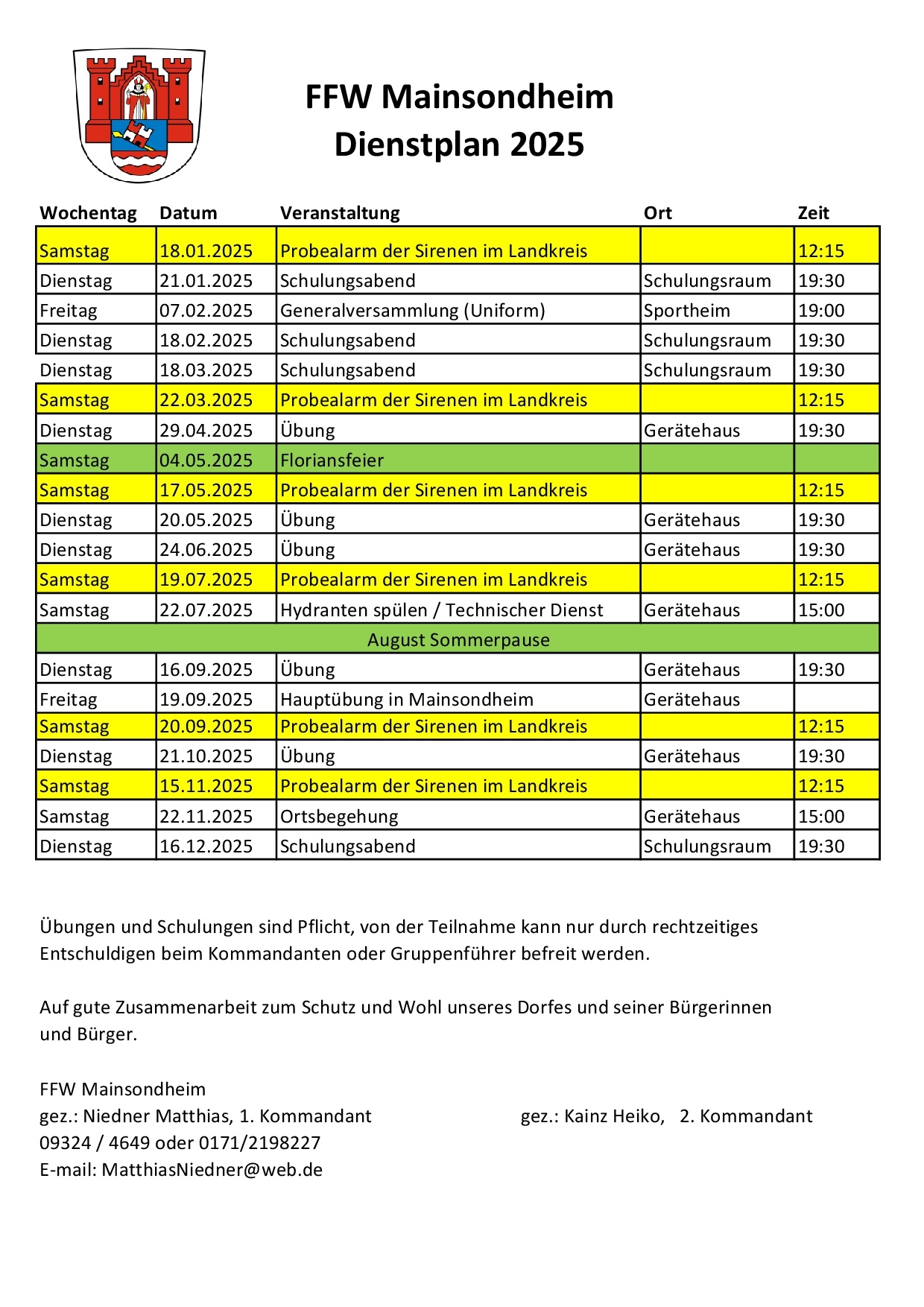 Dienstplan Aktive 2025