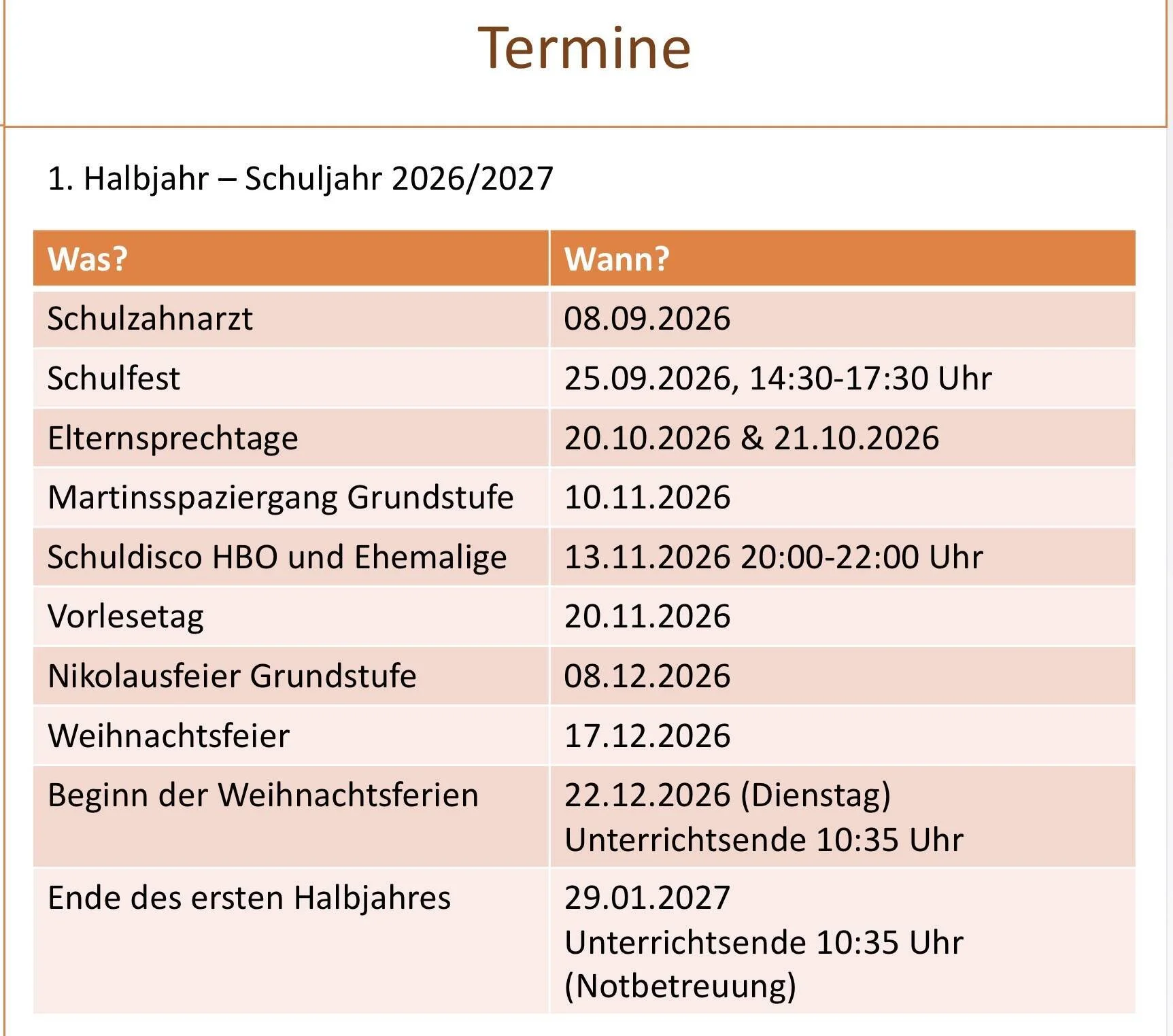 Termine - Schuljahr 2026/27 1. Halbjahr