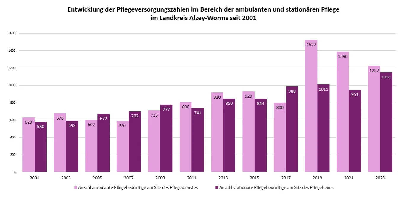 Entwicklung der Pflegeversorgungszahlen im Bereich der ambulanten und stationären Pflege im Landkreis Alzey-Worms seit 2001