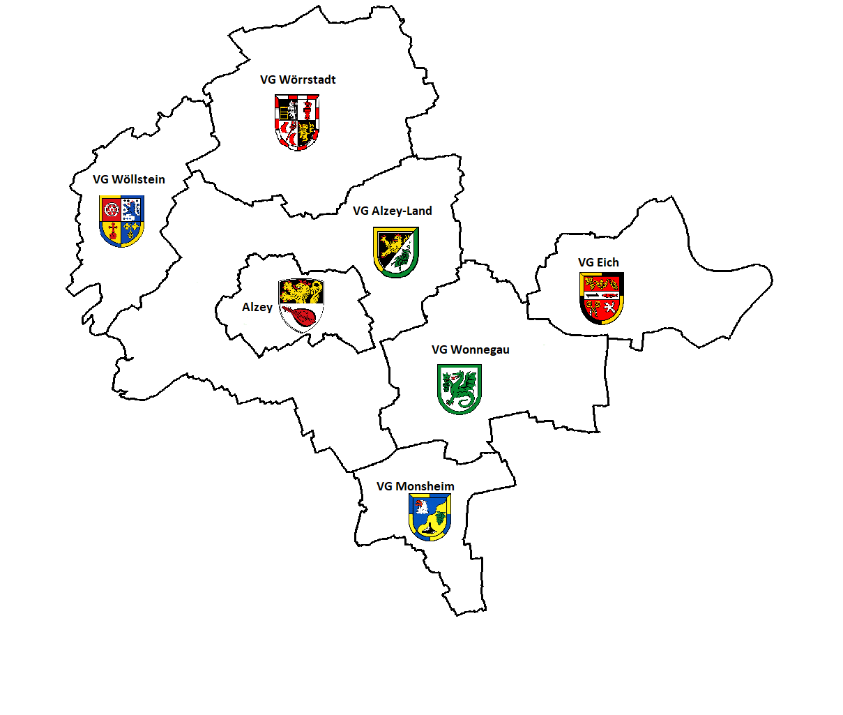 Karte mit VG Grenzen und Beschriftung und Wappen