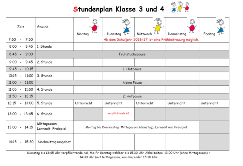 Stundenplan Klasse 3 und 4