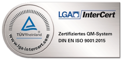 Abbildung: Prüfsiegel DIN EN ISO 9001:2015 mit Link zur Zertifizierungsurkunde