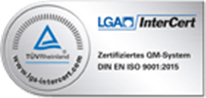 Abbildung: Zertifizierungssiegel DIN EN ISO 9001:2015 und Link zu weiterführenden Informationen der LGA-Intercert LGA InterCert GmbH (lga-intercert.com)