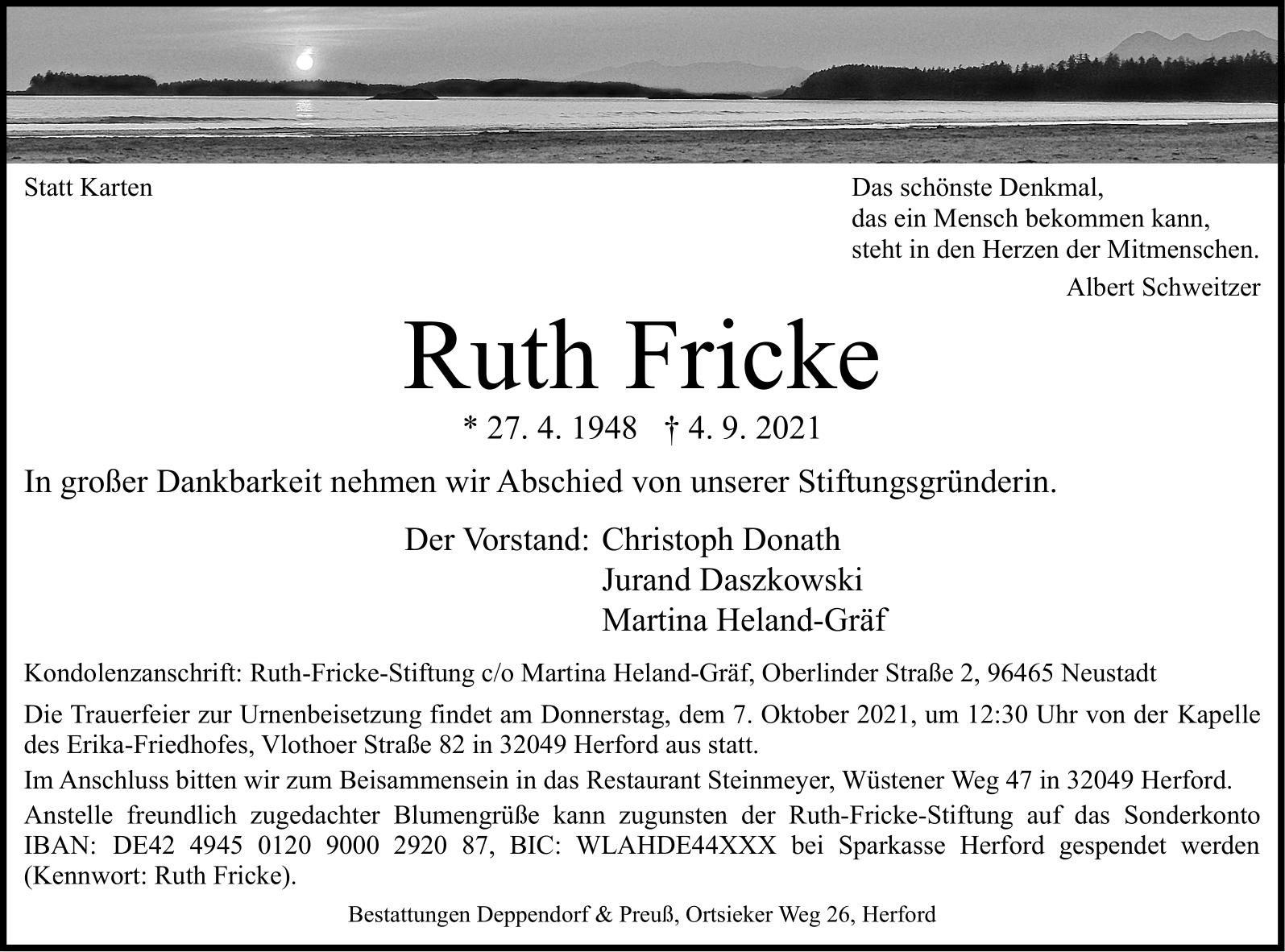 Traueranzeige Ruth Fricke