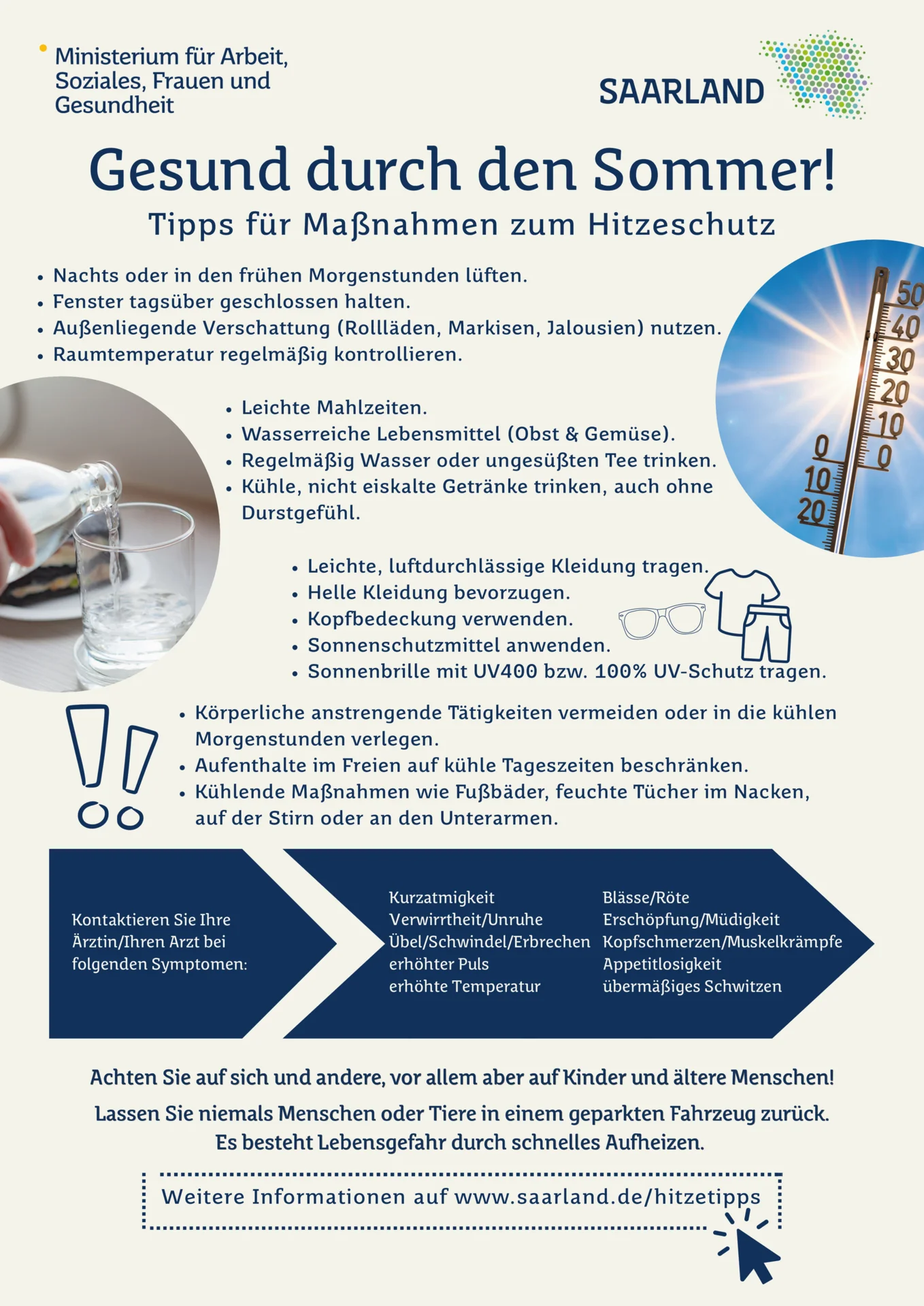 Infografik des Ministeriums für Arbeit, Soziales, Frauen und Gesundheit zum Hitzeschutz. Dargestellt sind Empfehlungen zum Lüften, Trinken, Sonnenschutz und Verhalten an heißen Tagen sowie Warnzeichen, die ärztlich abgeklärt werden müssen. Abschließend folgt der Hinweis, Menschen und Tiere niemals in geparkten Fahrzeugen zurückzulassen.