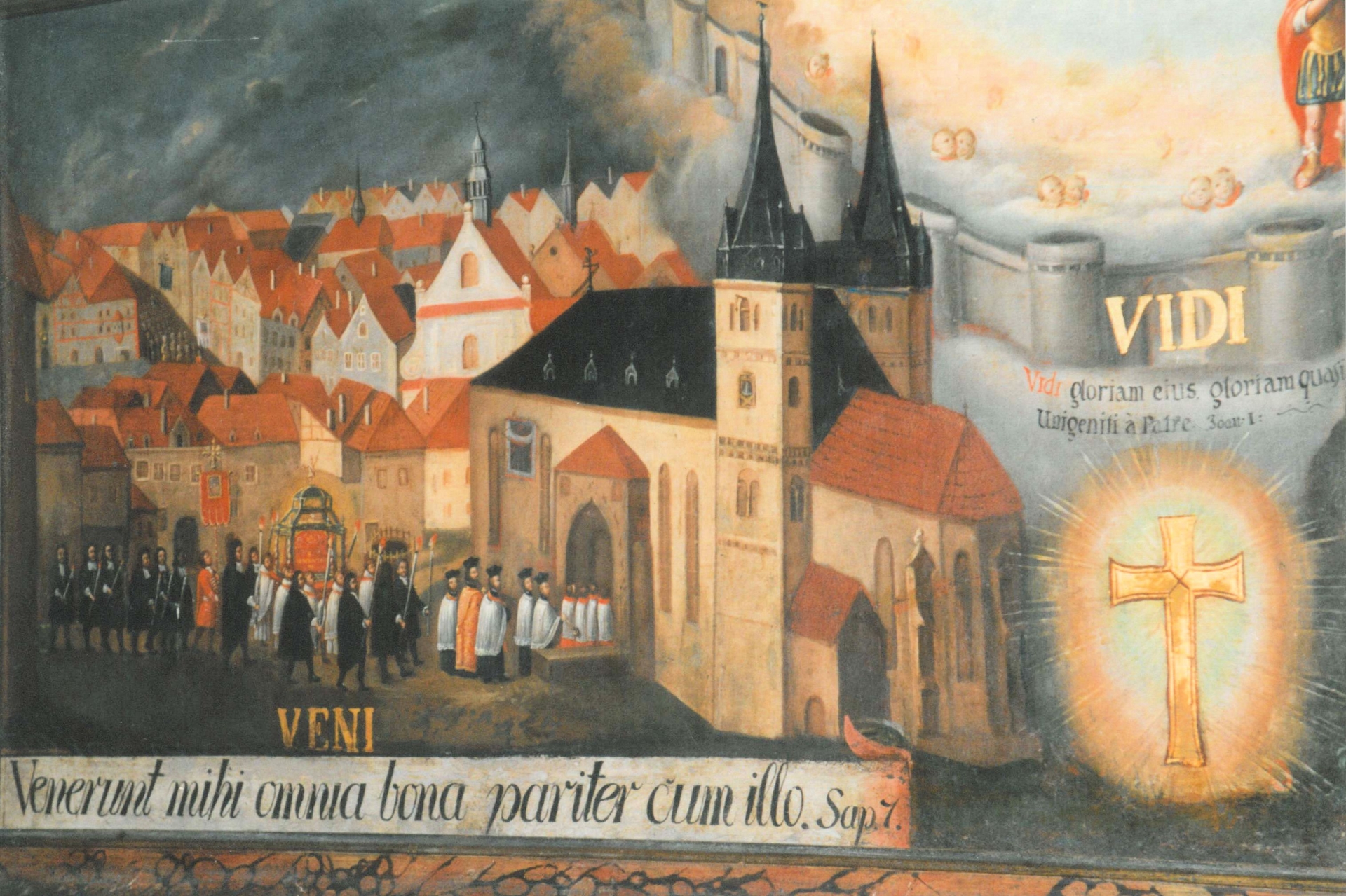 Wandgemälde in einer Kirche in Eger das die historische Vinzenziprozession in Eger zeigt