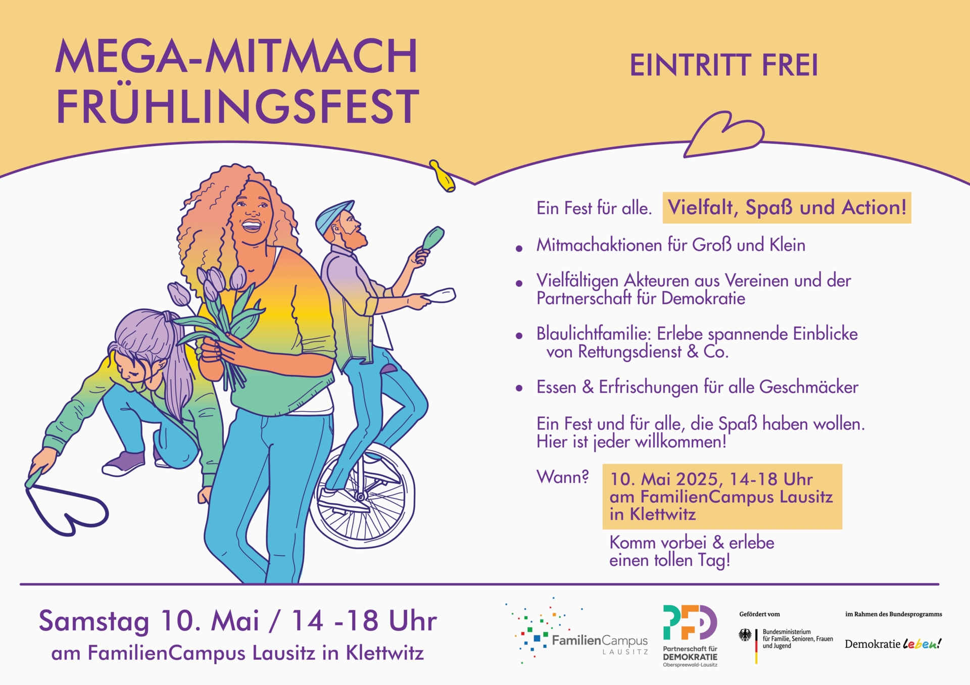Plakat zum Mega-Mitmach-Frühlingsfest am 10. Mai 2025 auf dem FamilienCampus Klettwitz
