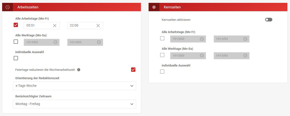 Arbeitszeiten und Kernzeiten hinterlegen