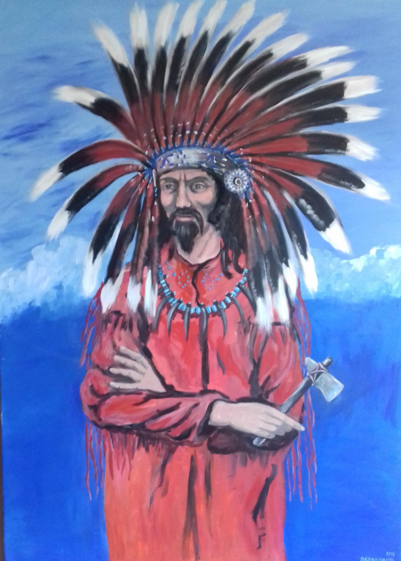 Ein Sinti und Roma hat sich als indigene Bevölkerung verkleidet   2019   Acryl auf Leinwand   100 x 140 cm