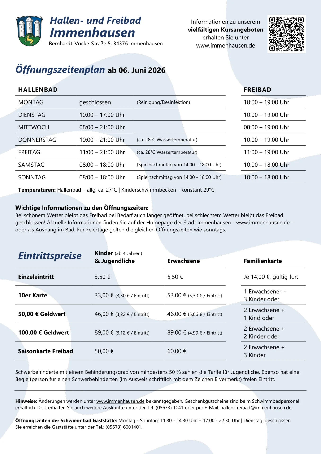 Öffnungszeitenplan Hallen-und Freibad Sommer 2026