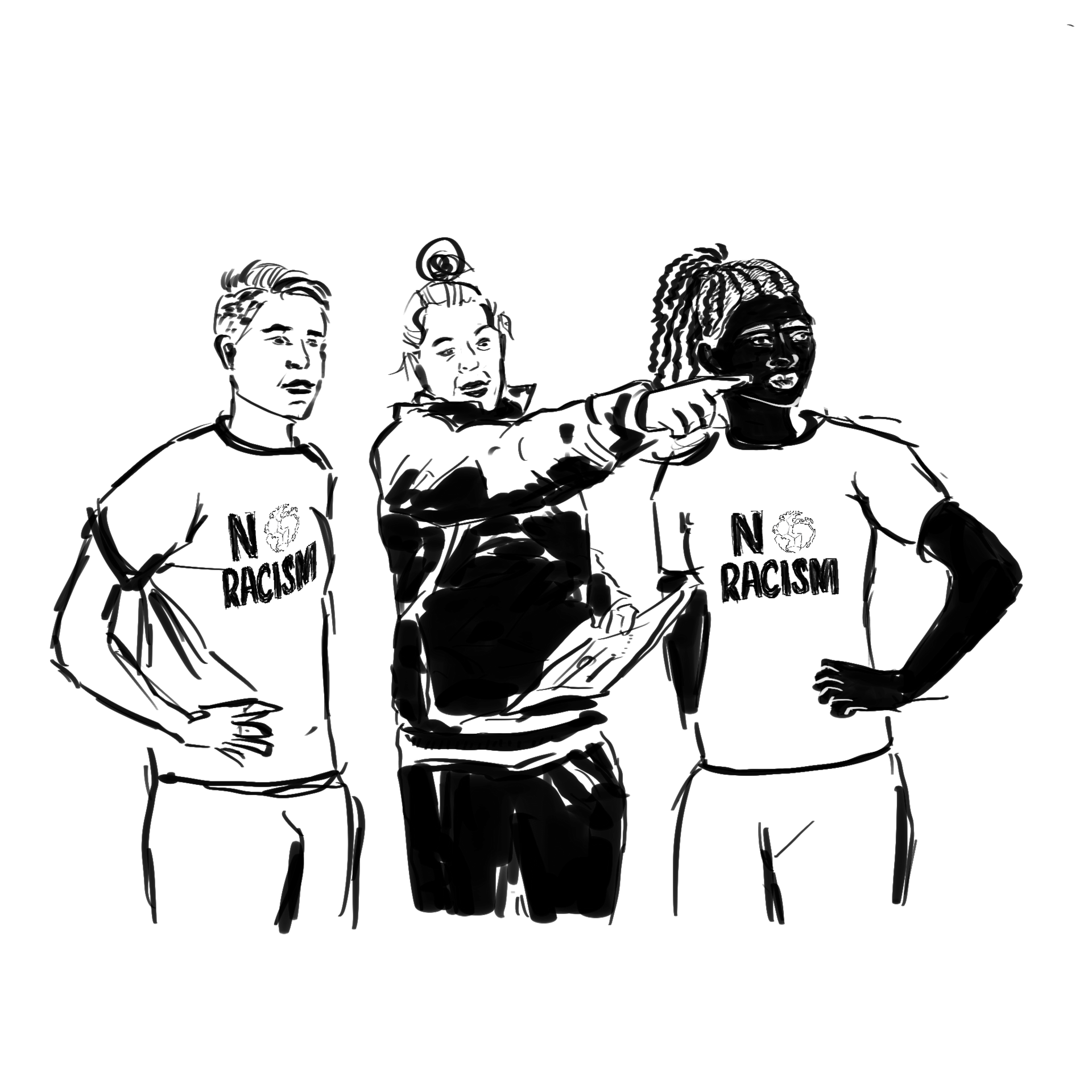   Alternativtext zum zweiten Symbol: Drei Personen, die Mittige zeigt mit einem Arm nach vorne und hält mit dem anderen ein Heft an ihrer Seite, die beiden rechts und links von ihr tragen 'No Racism'-Trikots und schauen in die gezeigte Richtung.