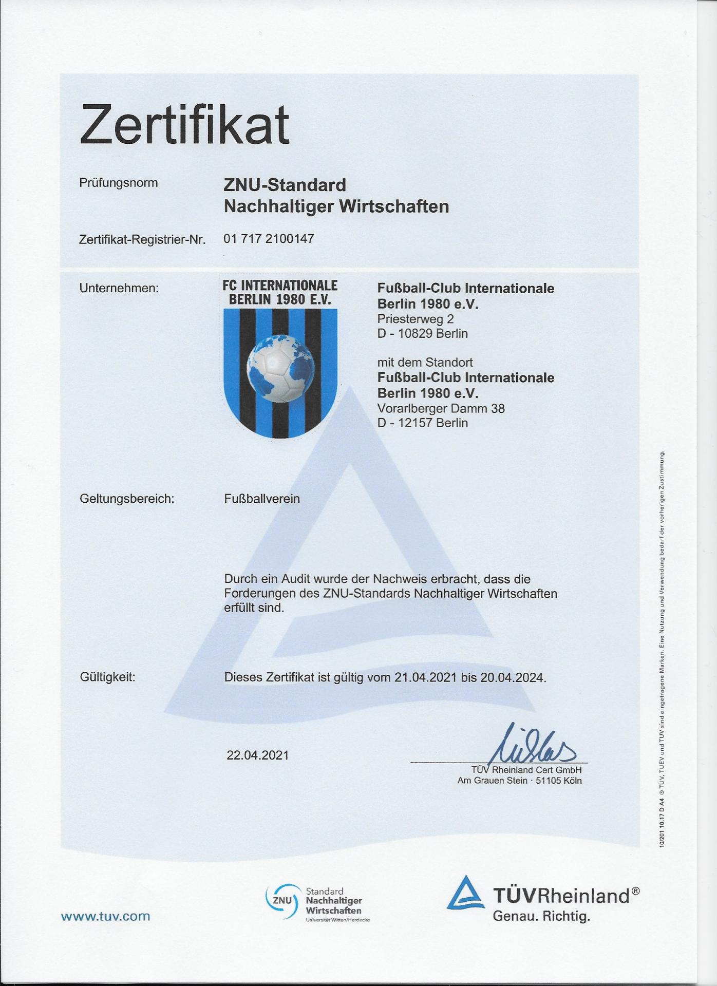Zertifikat des FC Internationale als nachhaltiger Amateurverein.