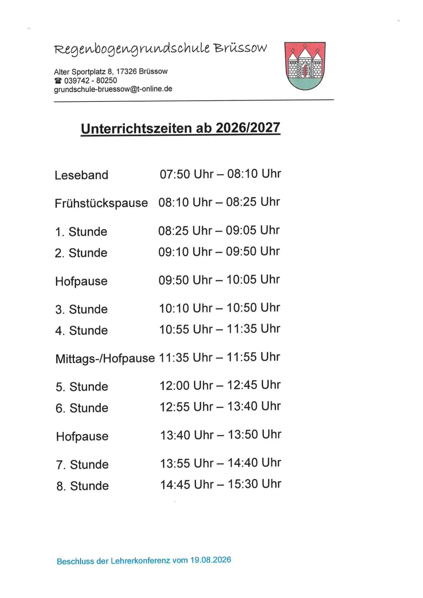 Unterrichtszeiten ab 2026/2027