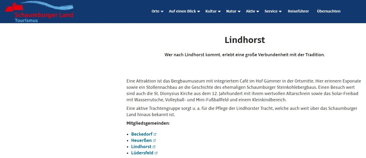 Bild das einen Teil der Internetseite der Schaumburger Land Tourismus über Lindhorst zeigt