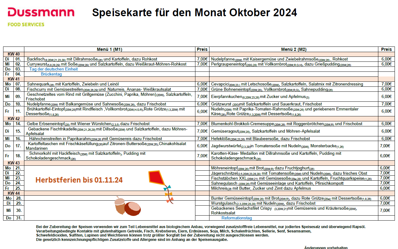 Speiseplan Oktober