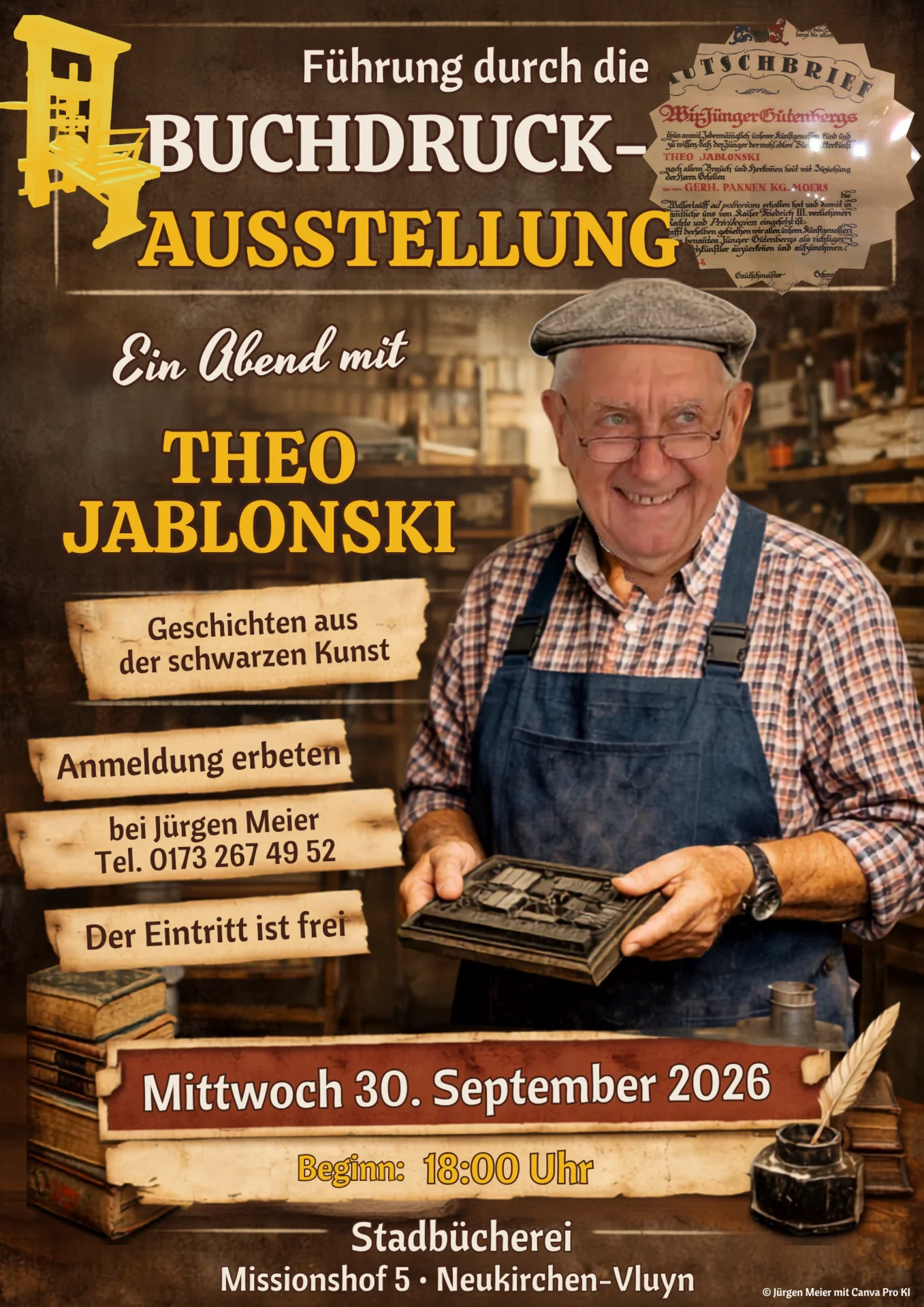 Plakat Führung durch die Buchdruckausstellung mit Theo
