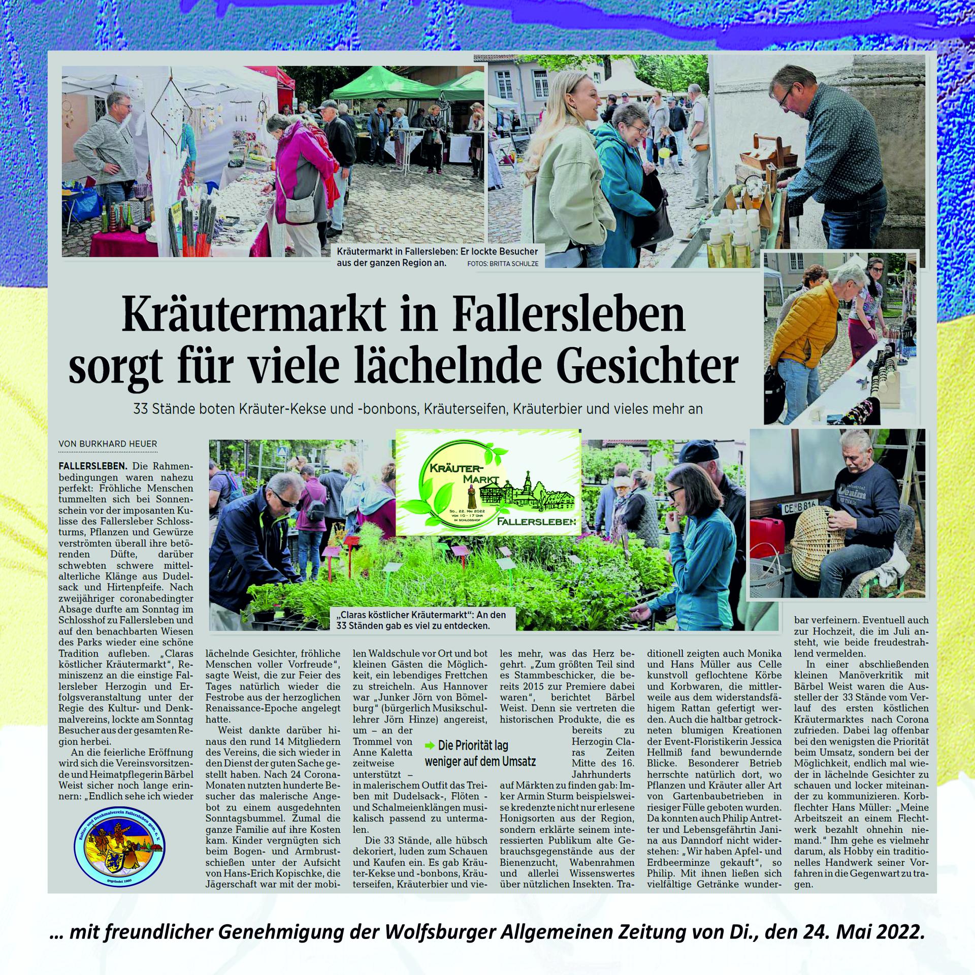 Bericht aus der Wolfsburger Allgemeinen Zeitung zum Fallersleber Kräutermarkt