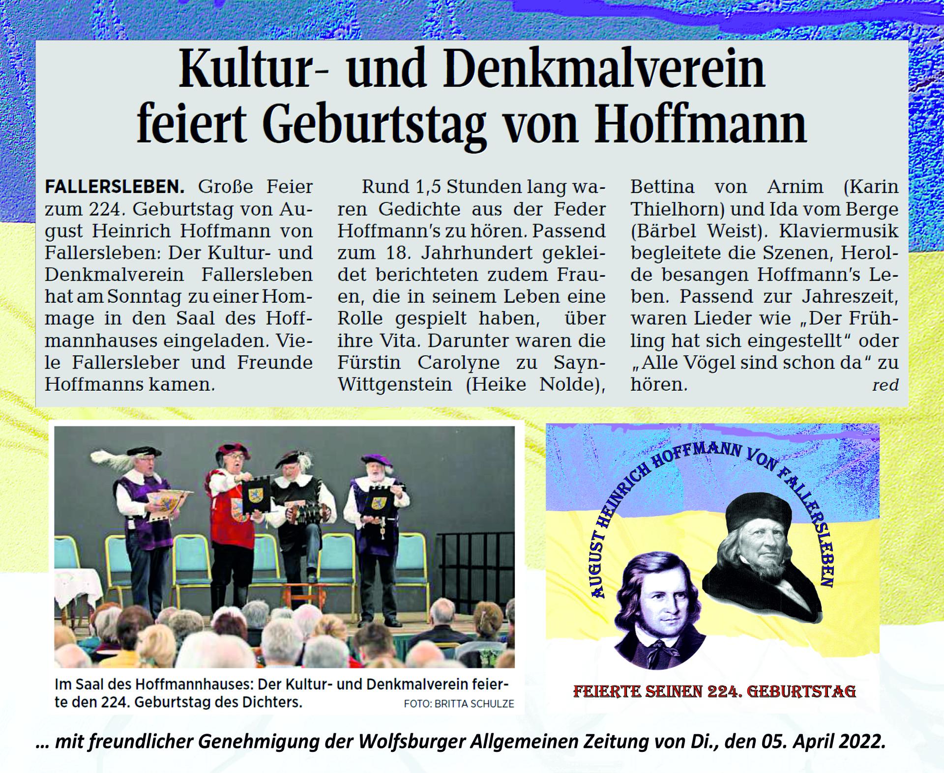 Artikel zur Hoffmann-Hommage aus der Wolfsburger Allgemeinen Zeitung vom 5.4.22