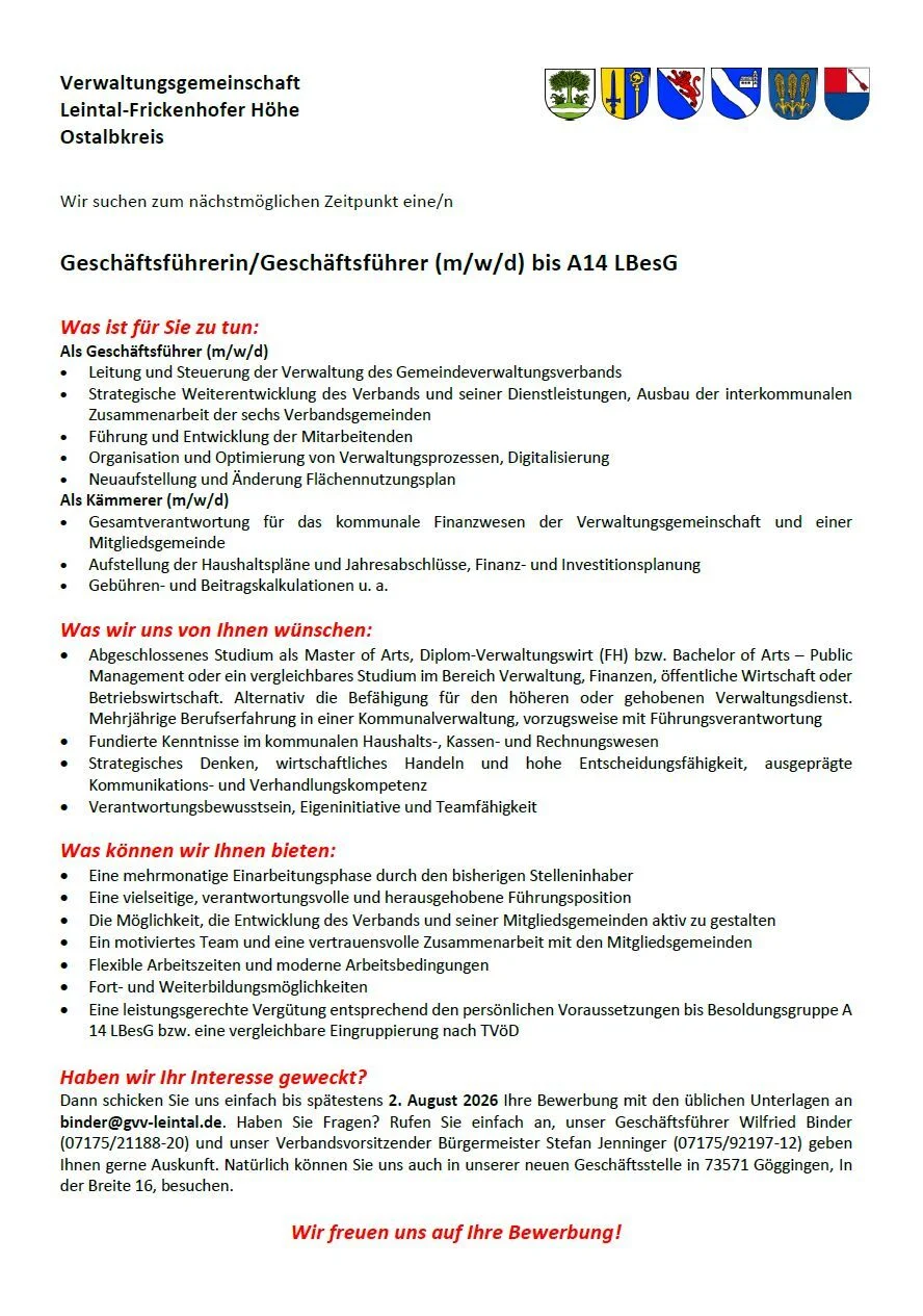 Geschäftsführerin/Geschäftsführer (m/w/d) bis A14 LBesG