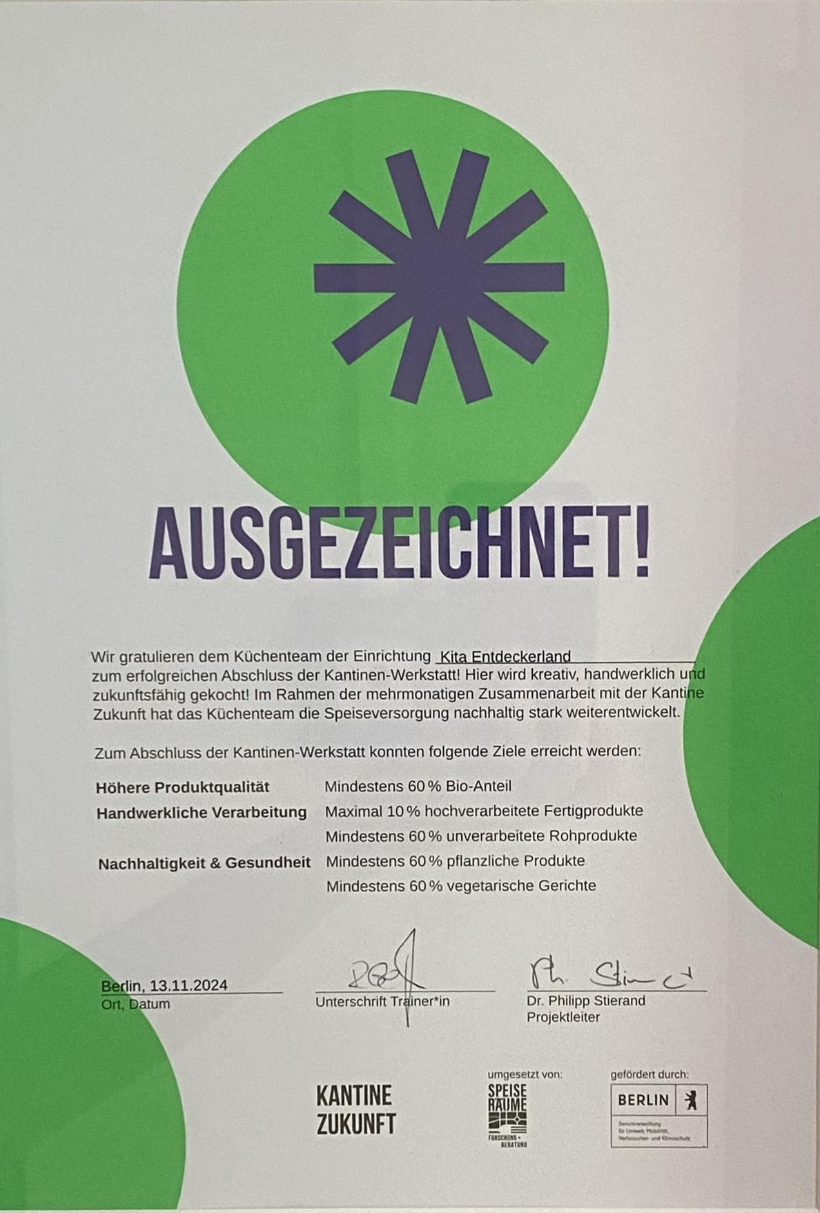 Kantine Zukunft Zertifikat