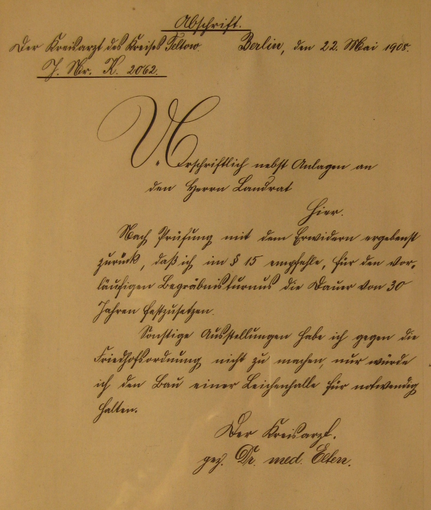 Abschrift Schreiben des Kreisarztes des Kreises Teltow vom 22. Mai 1908