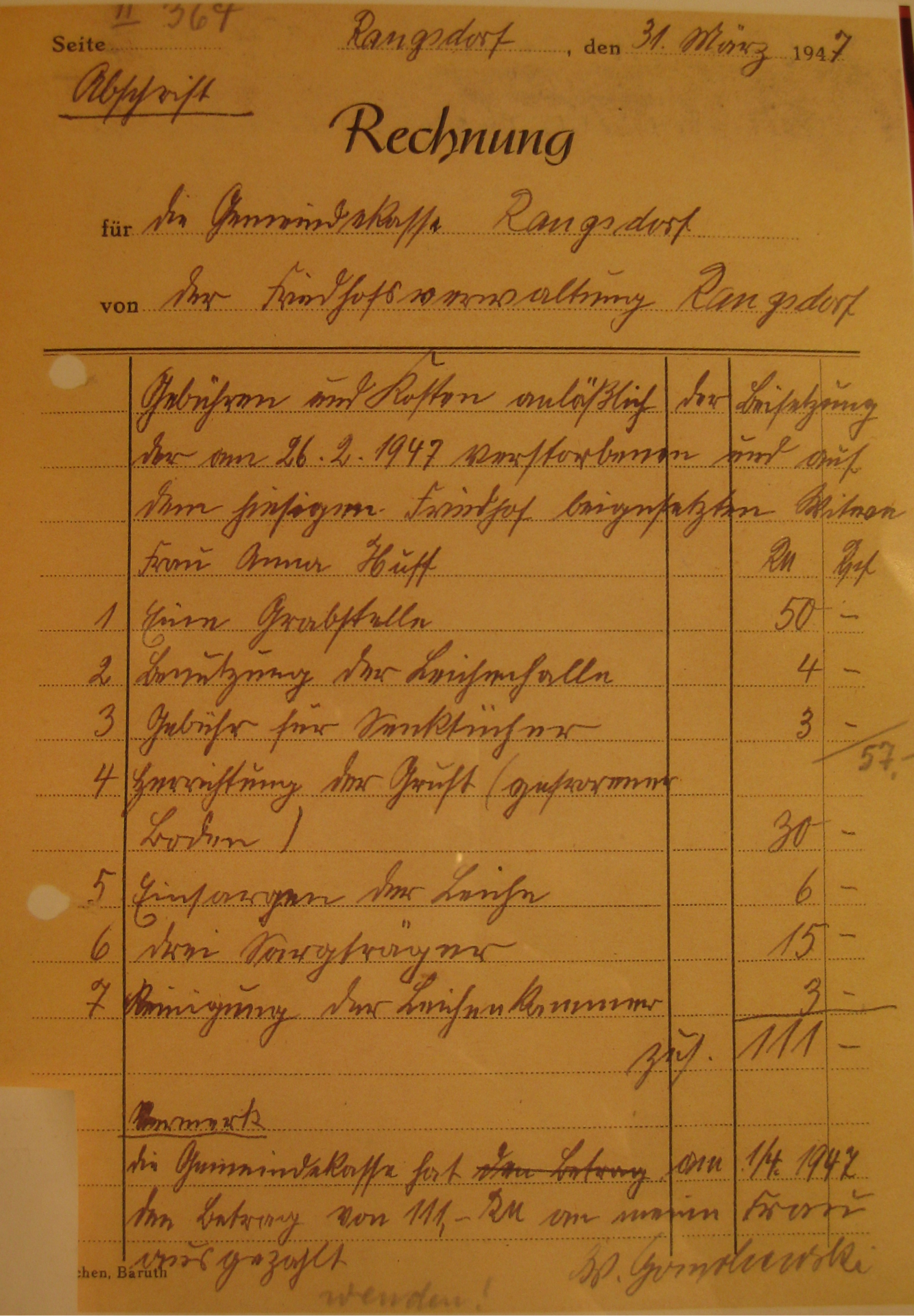 Rechnung vom 31.03.1947