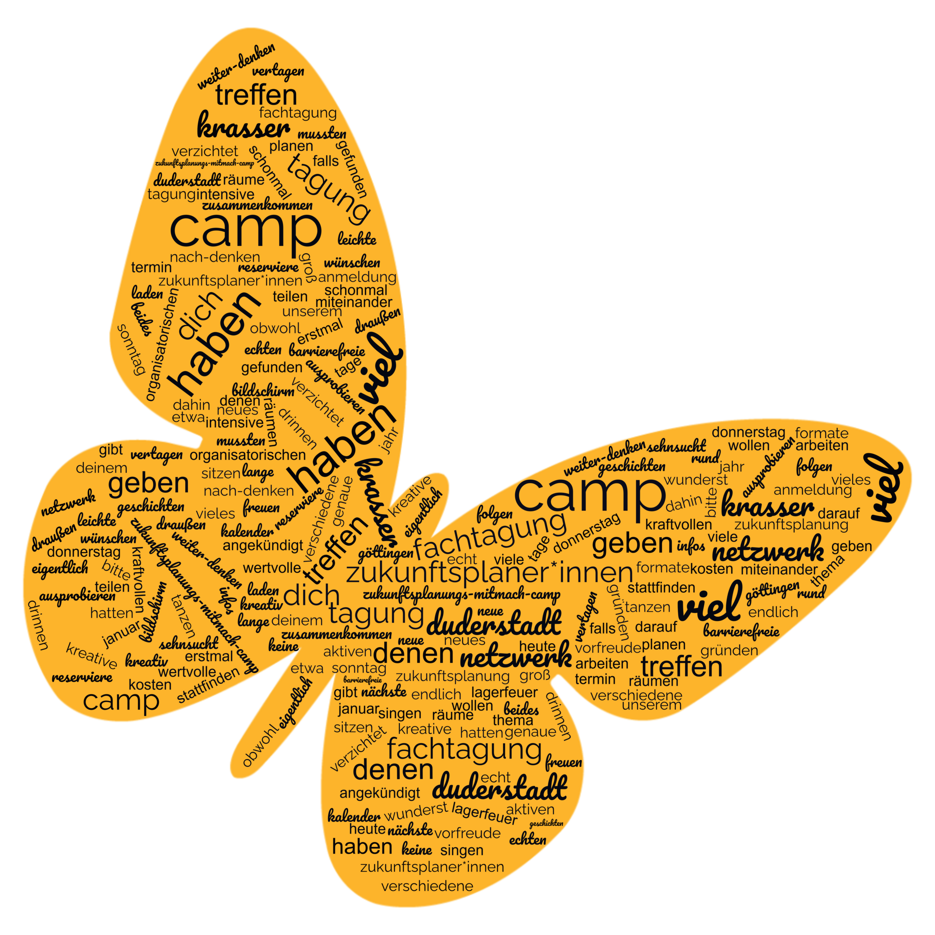 Logo Mitmach-Camp 2024; Schmetterling mit Muster aus vielen Wörtern