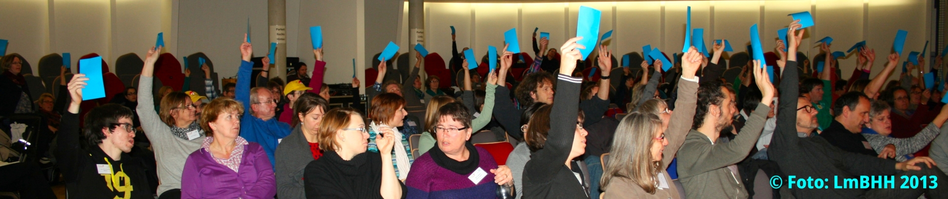 Foto aufgenommen während der Hamburger Fachtagung 2013, Blick in den Saal mit vielen Teilnehmenden bei der Abstimmung zur Netzwerk-Gründung