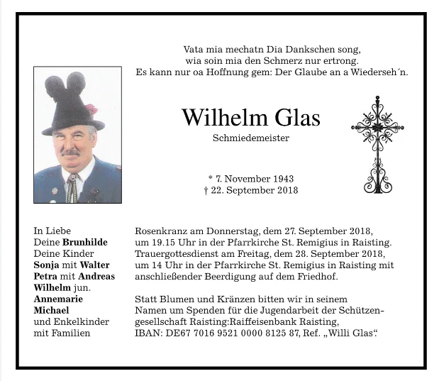 Todesanzeige Glas Willi