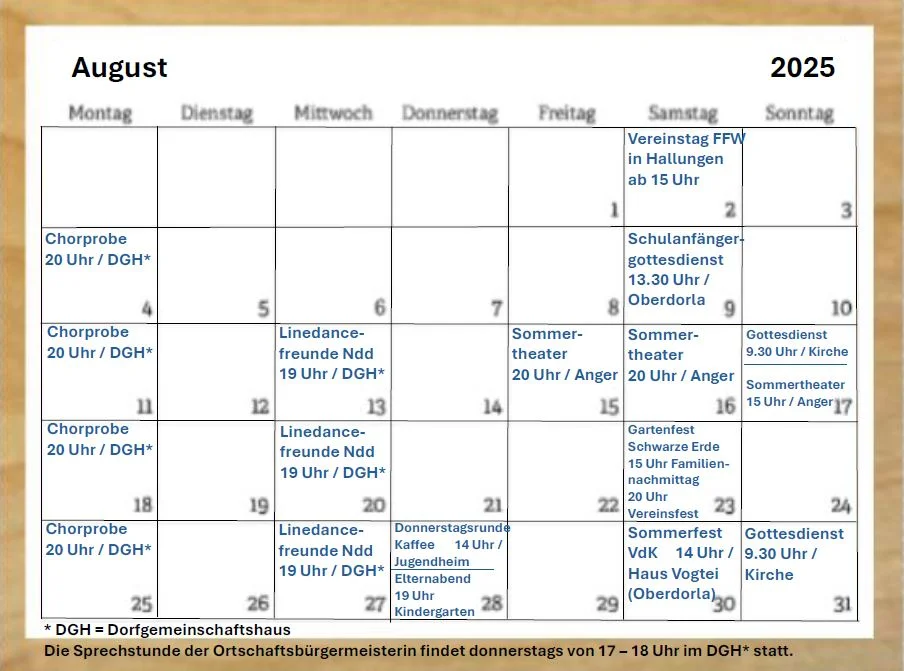 Niederdorla - Veranstaltungskalender 08.2025