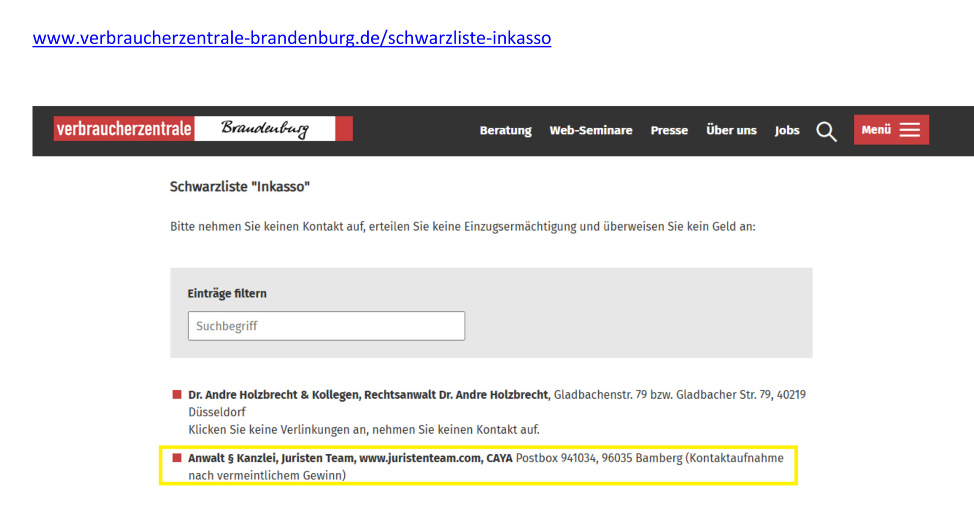 Anlage - Screenshot der Verbraucherzentrale Brandenburg