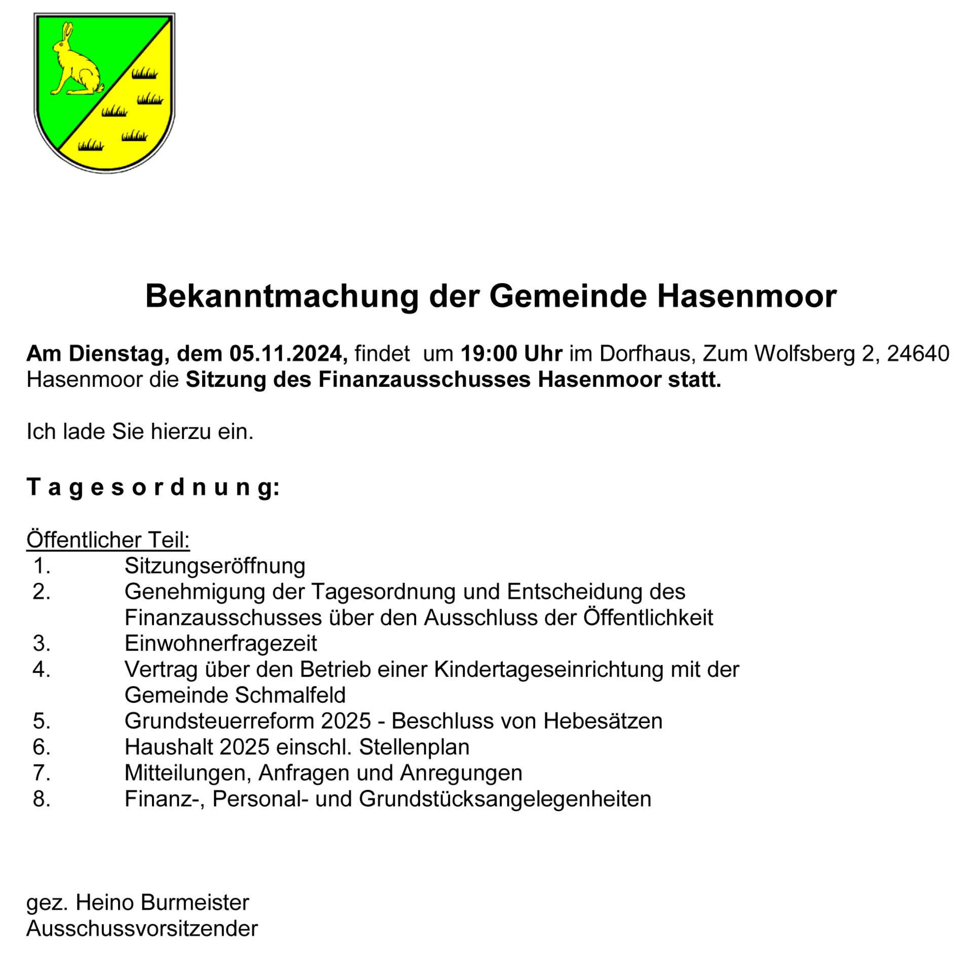 Sitzung des Finanzausschusses (05.11.2024) - Bekanntmachung