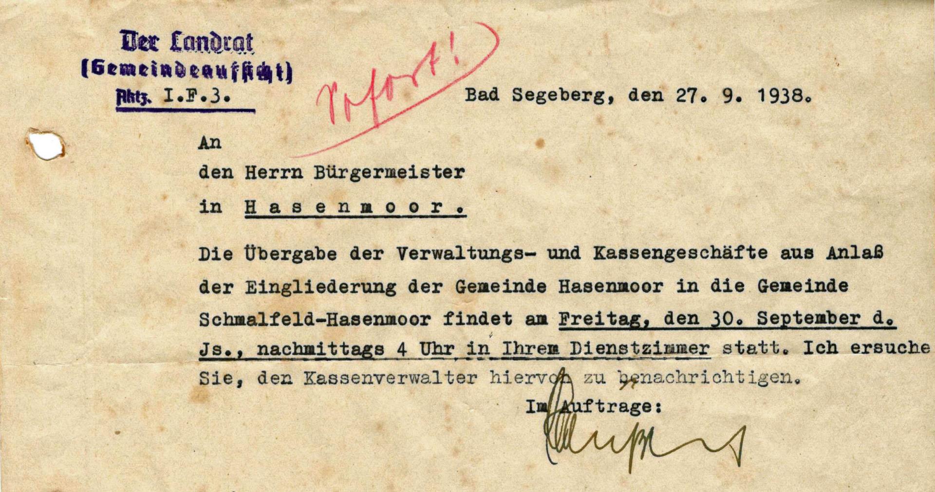 Schreiben des Landrats des Kr. Segeberg (Gemeindeaufsicht) zur Festlegung der Übergabe und Eingliederung am 30.09.1938 (27.09.1938)