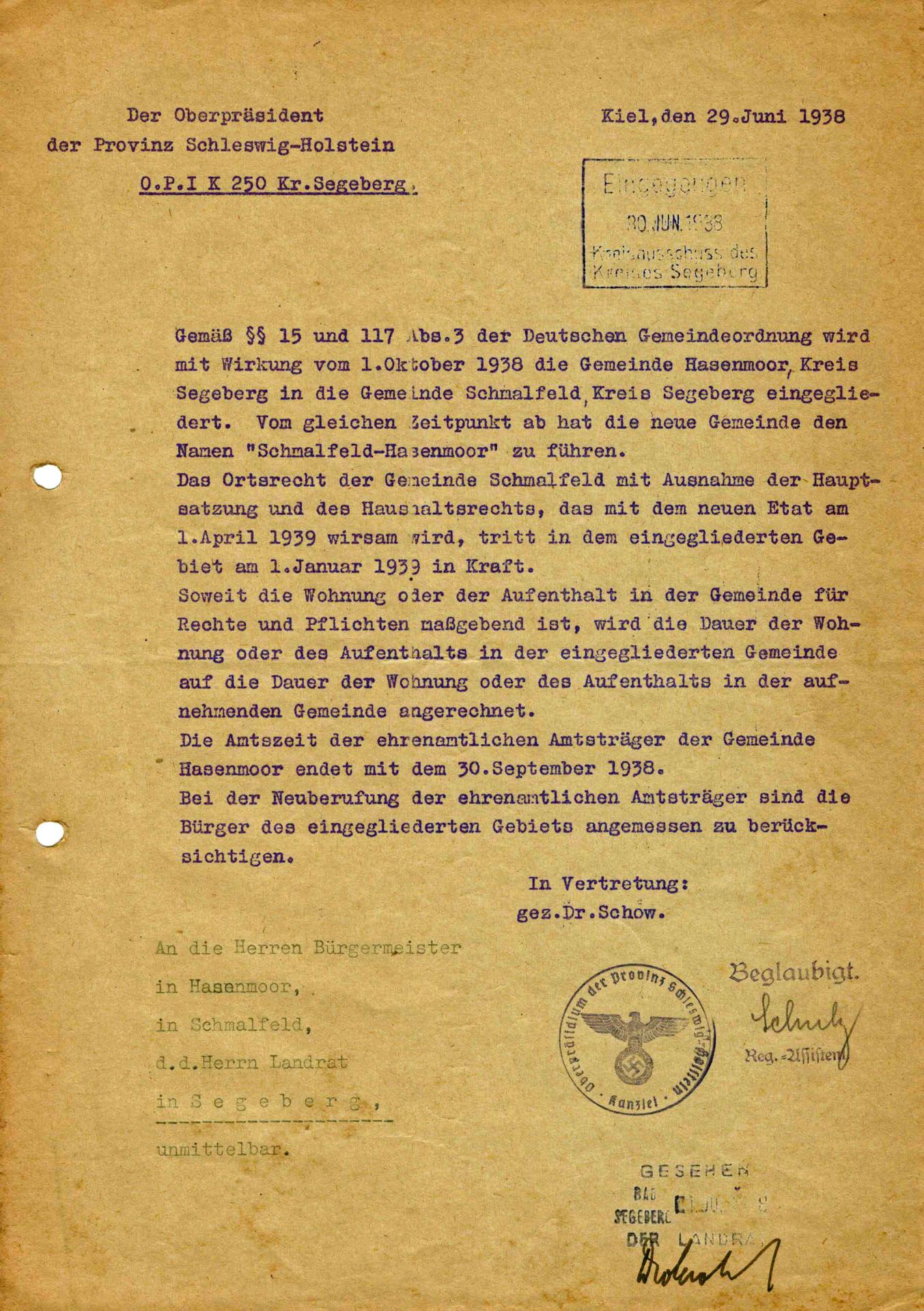 Schreiben des Oberpräsidenten der Prov. S.-H. zur Eingliederung der Gem. Hasenmoor in die Gem. Schmalfeld (29.06.1938)