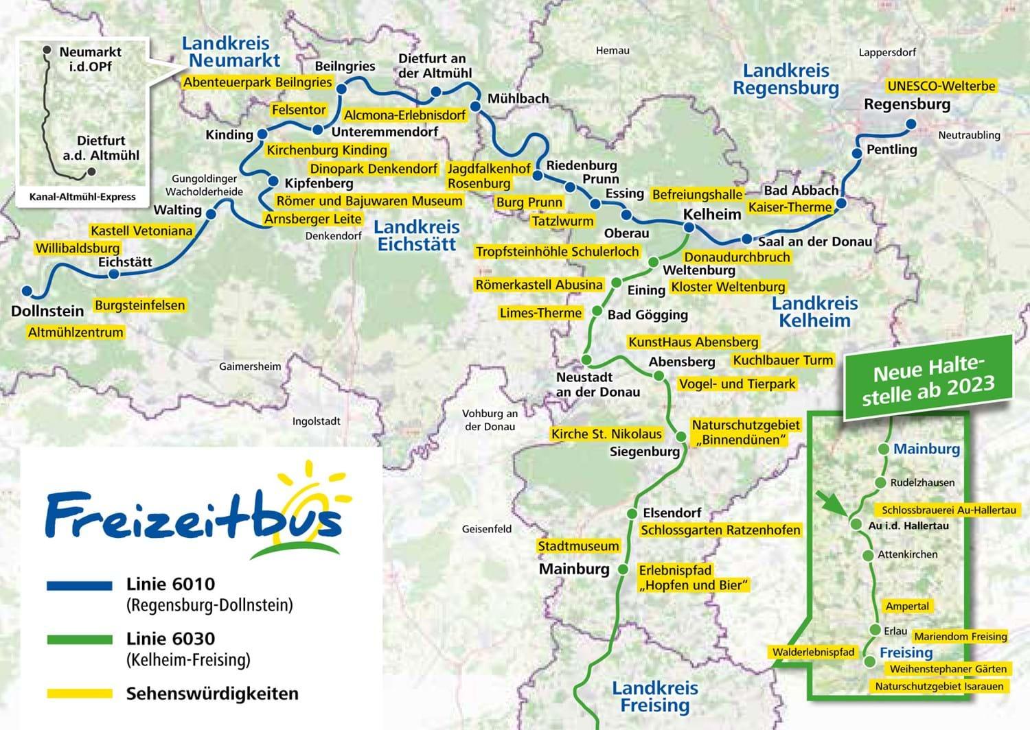 Übersichtskarte Freizeitbus 2023. Quelle https://www.landkreis-kelheim.de/tourismus-kultur/freizeitbus/fahrplaene/